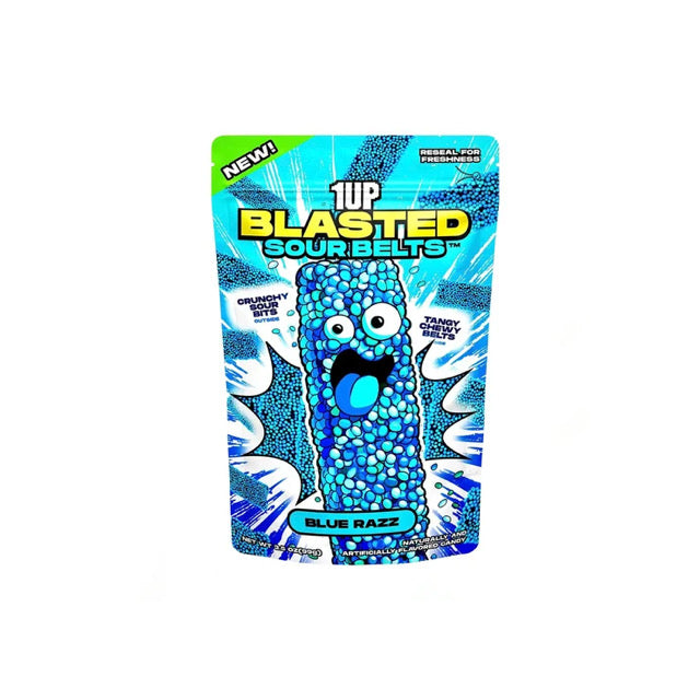 1UP Blue Razz Blasted Sour Belts Peg Bag (99g) - America