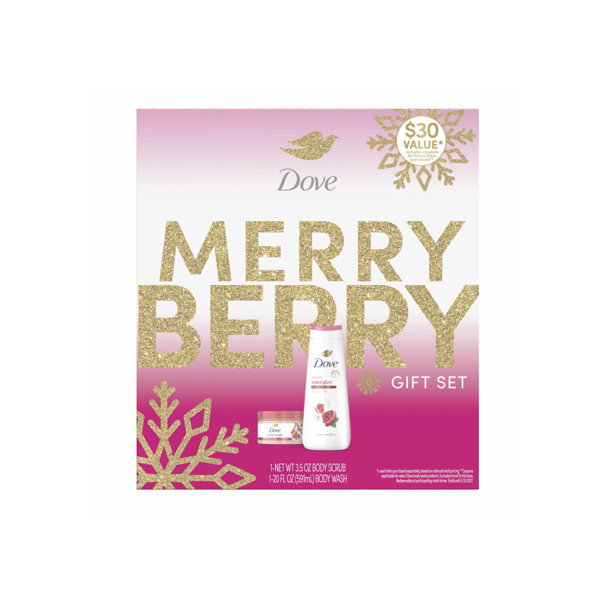 Dove Merry Berry Christmas Gift Set (1x Energize Pomegranate Acai Body Wash 591ml & 1x Pomegranate Acai Body Scrub 99g) (690g) - America