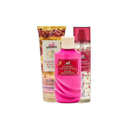 Bath and Body Works x Milk Raspberry Holiday Pie Bar Gift Set [INCLUDES: Body Cream, Body Wash, Fine Fragrance Mist & Gift Wrap] - America