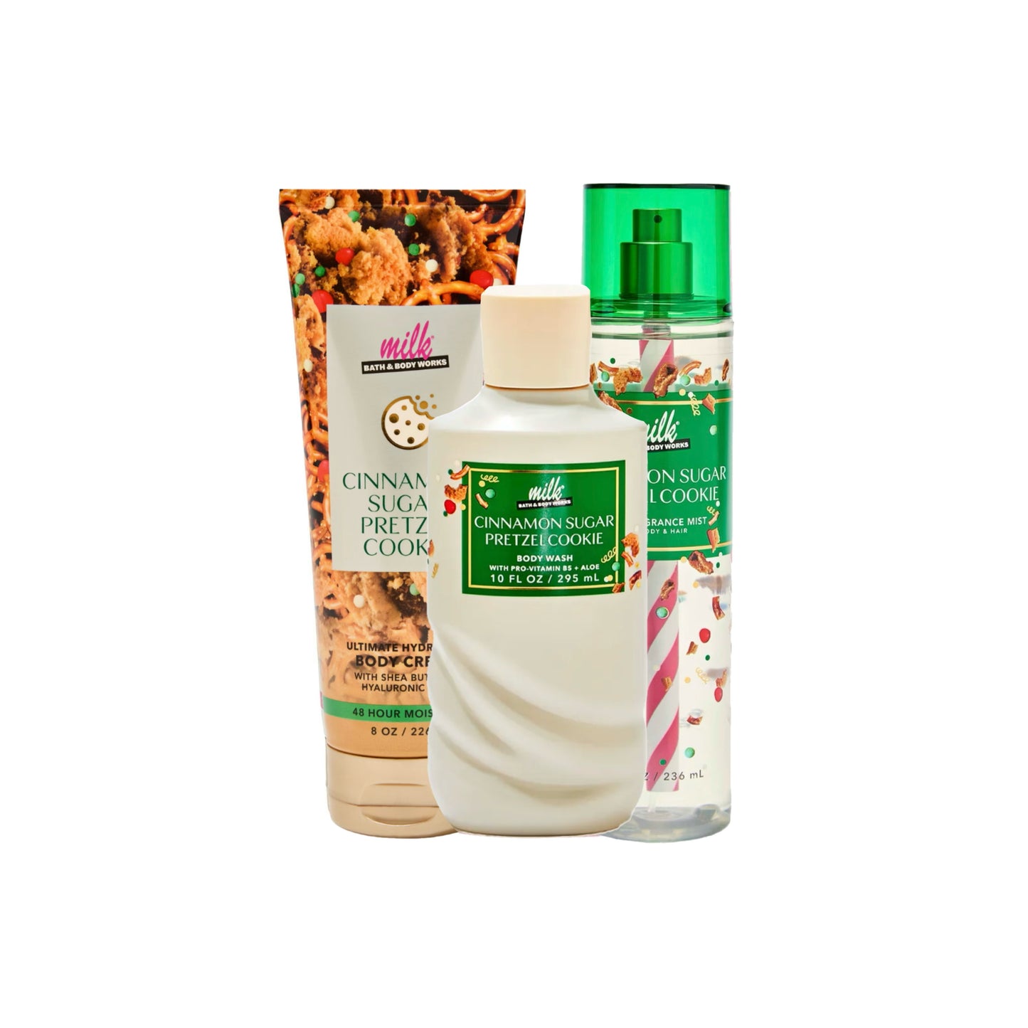 Bath and Body Works x Milk Cinnamon Sugar Pretzel Cookie Gift Set [INCLUDES: Body Cream, Body Wash, Fine Fragrance Mist & Gift Wrap] - America