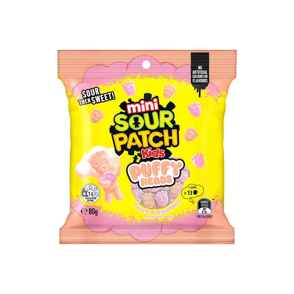 Sour Patch Kids Mini Puffy Heads Peach & Raspberry Peg Bag (80g) - Australia