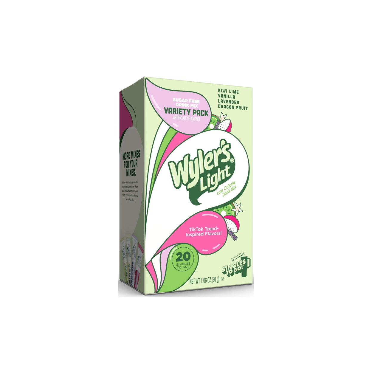 Wyler's Light Singles To Go Watertok Variety Pack (Kiwi Lime, Vanilla, Lavender & Dragon Fruit) Drink Sachets 20pk (30g) - America