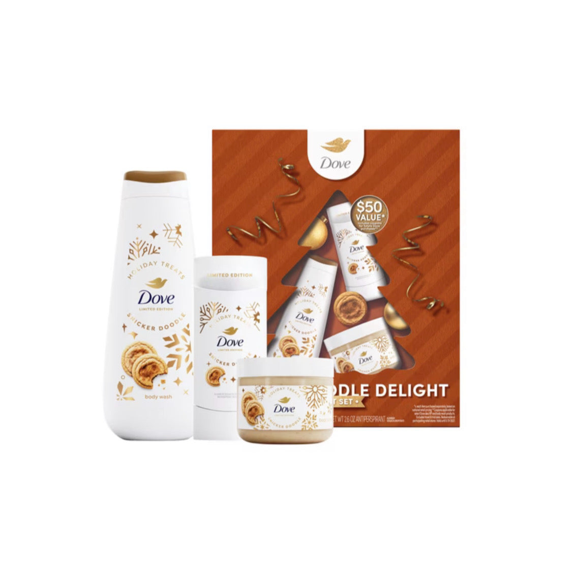 Dove Snickerdoodle Delight Christmas Gift Set (1x Snickerdoodle Body Wash 591ml & 1x Snickerdoodle Body Scrub 99g & 1x Snickerdoodle Antiperspirant 73g) (763g) - America